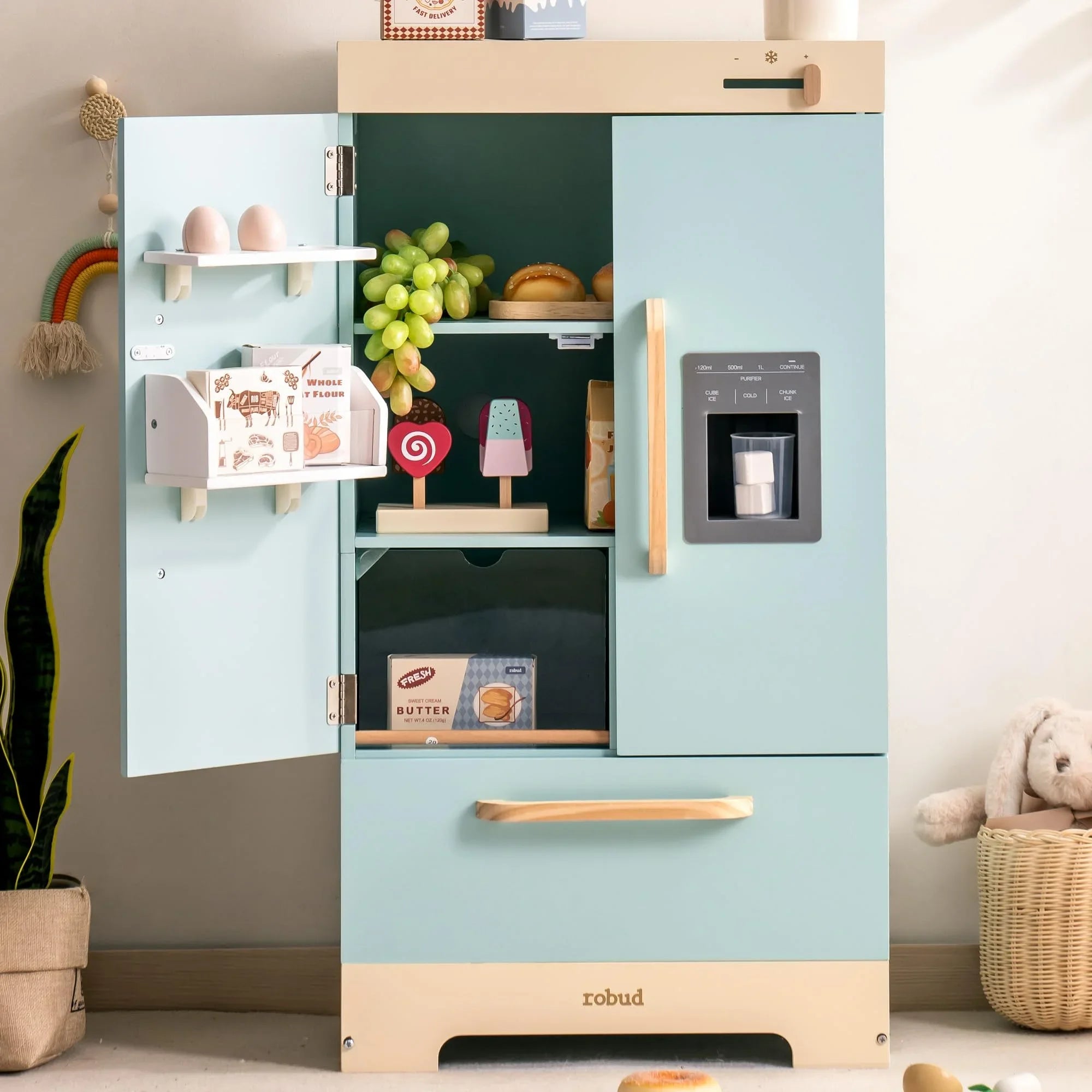 Robotime Robud - 3-in-1 Wooden Kitchen & Appliances Set (Oven, Fridge, Washing Machine) - Premium Blue Pretend Play Toy