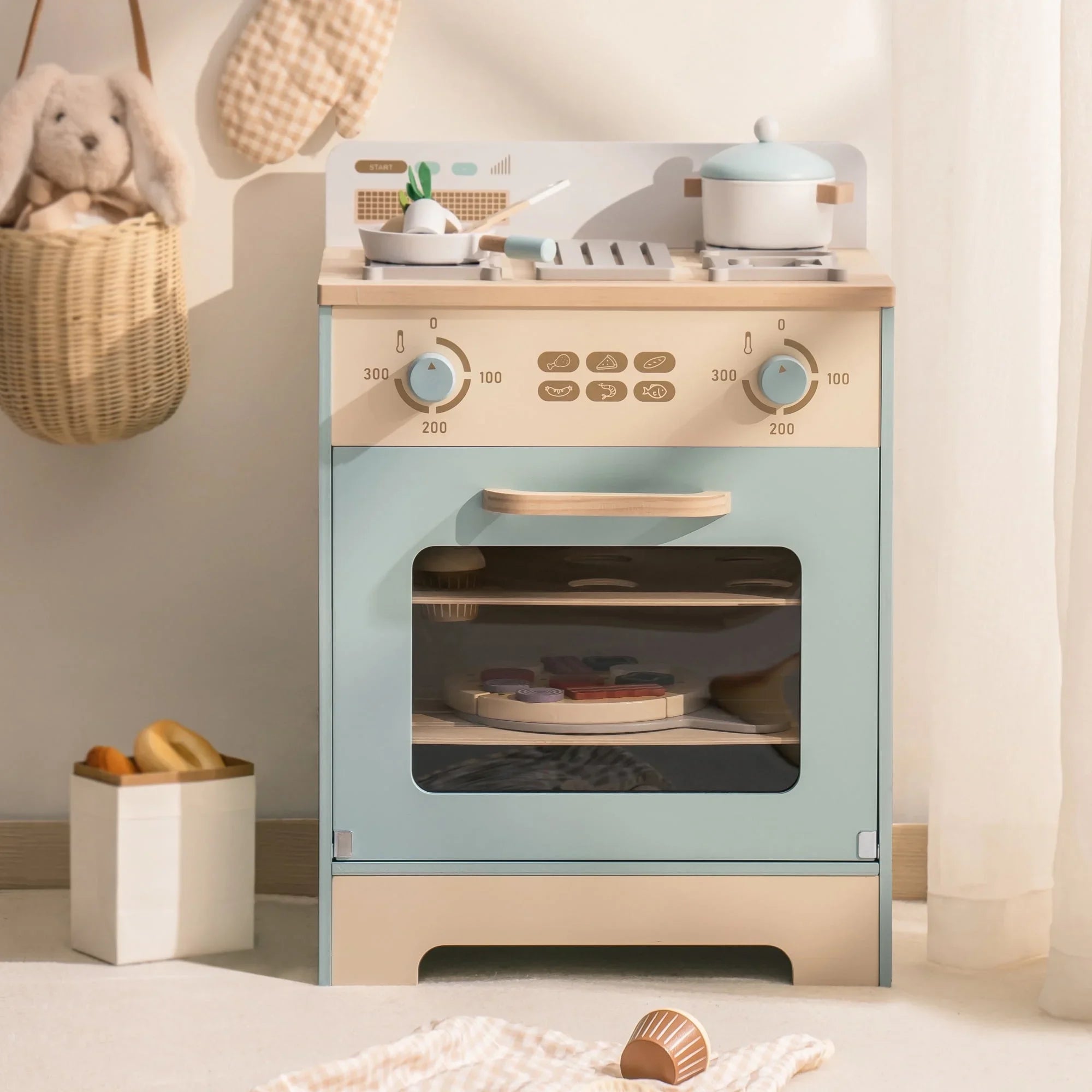Robotime Robud - 3-in-1 Wooden Kitchen & Appliances Set (Oven, Fridge, Washing Machine) - Premium Blue Pretend Play Toy