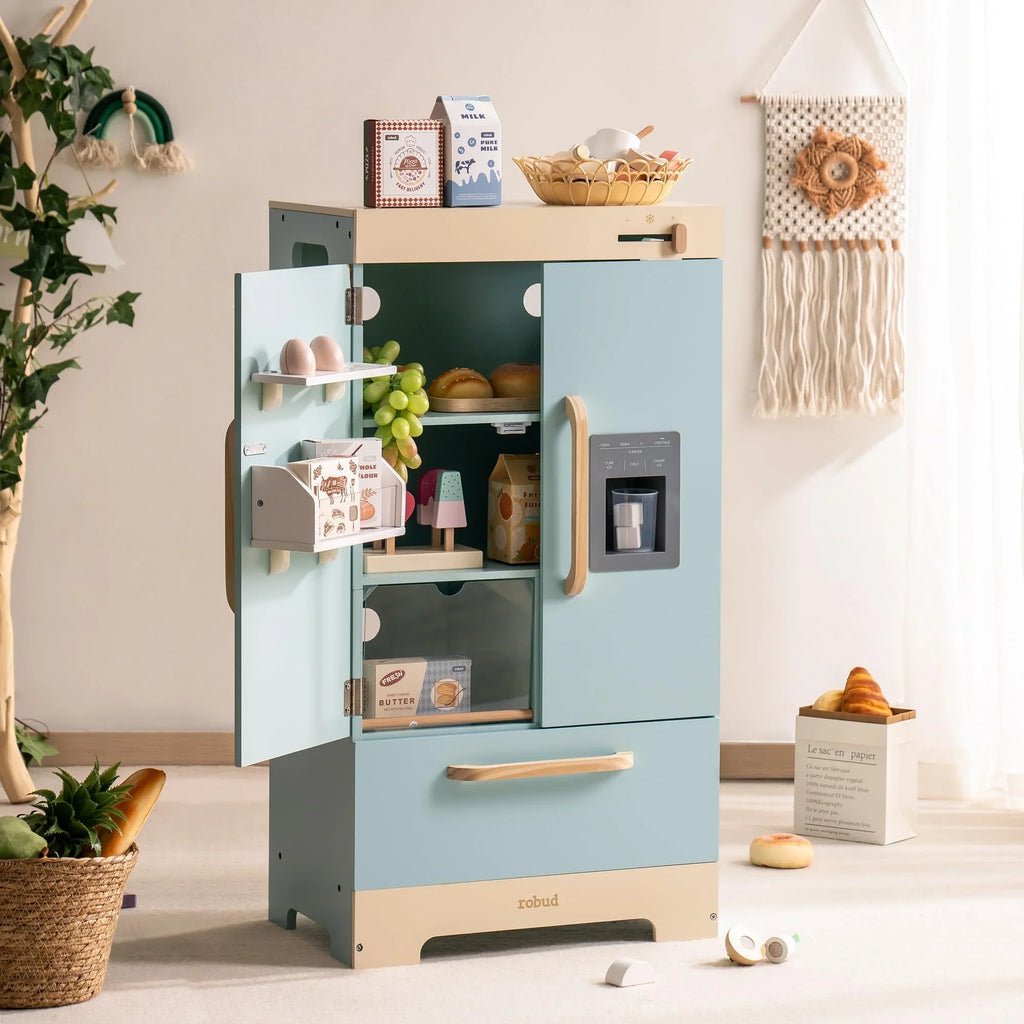 Robotime Robud - Ensemble de Cuisine & Électroménagers en Bois 3-en-1 (Four, Frigo, Lave-Linge) - Jouet d'Imitation Premium Bleu