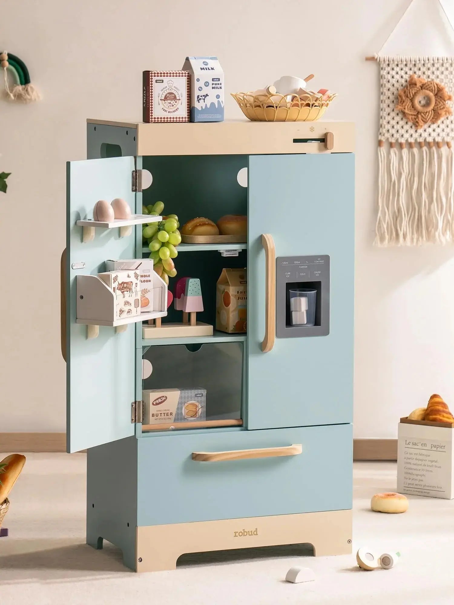 Robotime Robud - 3-in-1 Wooden Kitchen & Appliances Set (Oven, Fridge, Washing Machine) - Premium Blue Pretend Play Toy