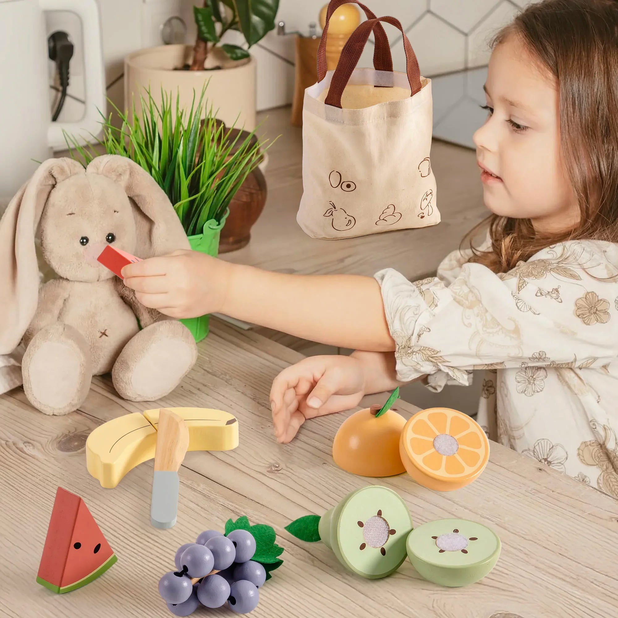 Robotime Robud - Classic Wooden Kitchen: Educational Pretend Play with Sliceable Fruits & Vegetables
