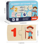 Montessori 4-in-1 Logic Game: Educational Wooden Puzzle (Numbers, Animals, Food) with Metal Box
