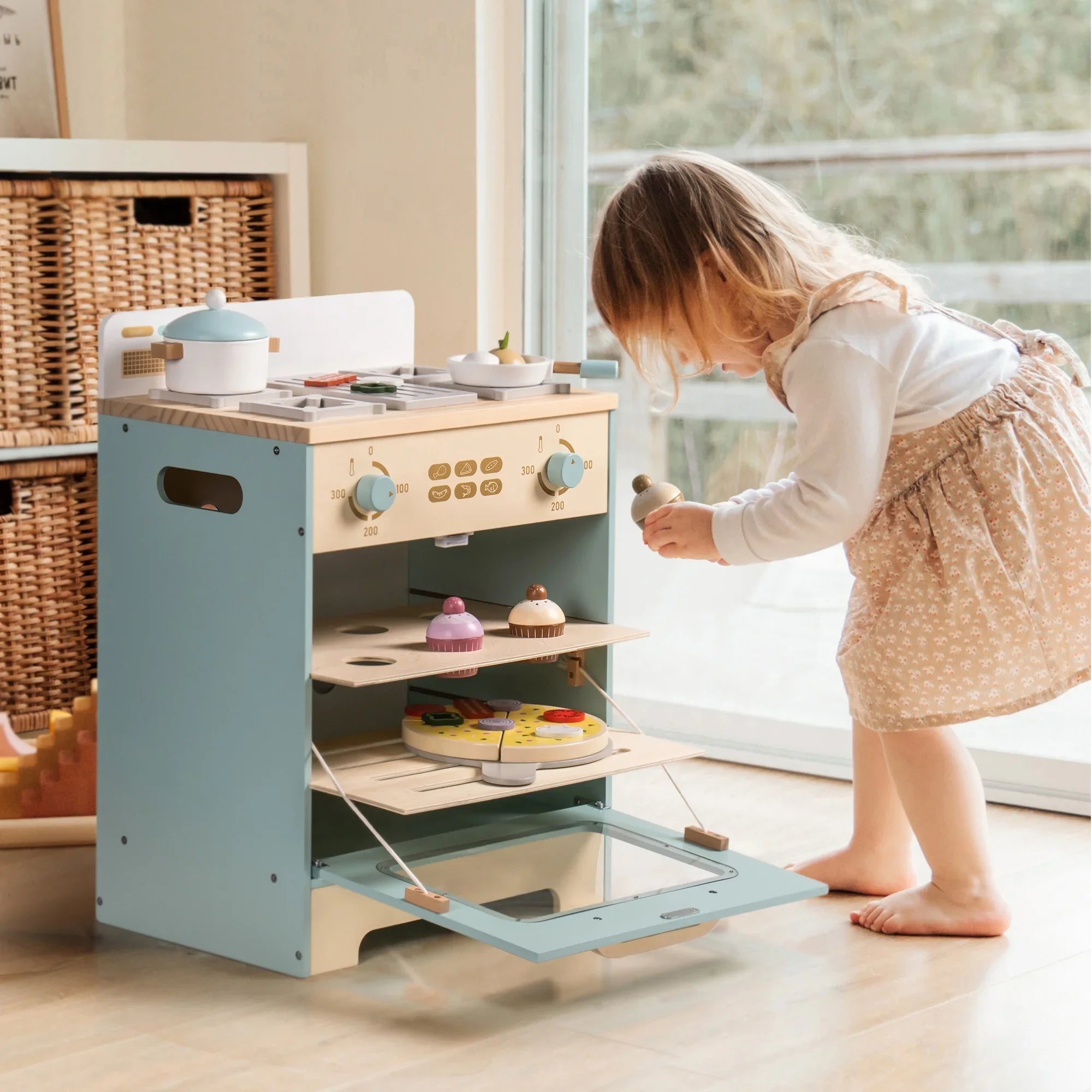 Robotime Robud - 3-in-1 Wooden Kitchen & Appliances Set (Oven, Fridge, Washing Machine) - Premium Blue Pretend Play Toy