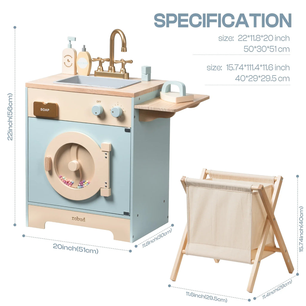Robotime Robud - Ensemble de Cuisine & Électroménagers en Bois 3-en-1 (Four, Frigo, Lave-Linge) - Jouet d'Imitation Premium Bleu