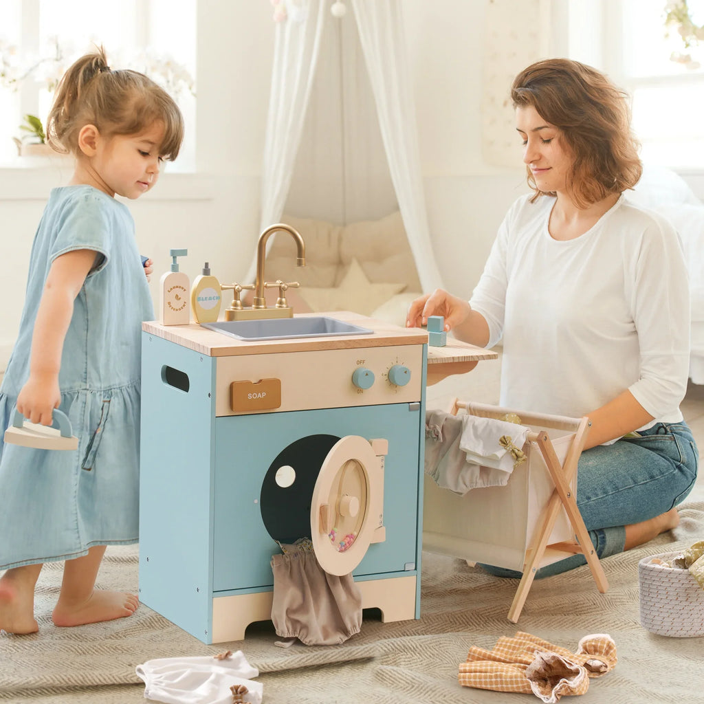 Robotime Robud - Ensemble de Cuisine & Électroménagers en Bois 3-en-1 (Four, Frigo, Lave-Linge) - Jouet d'Imitation Premium Bleu