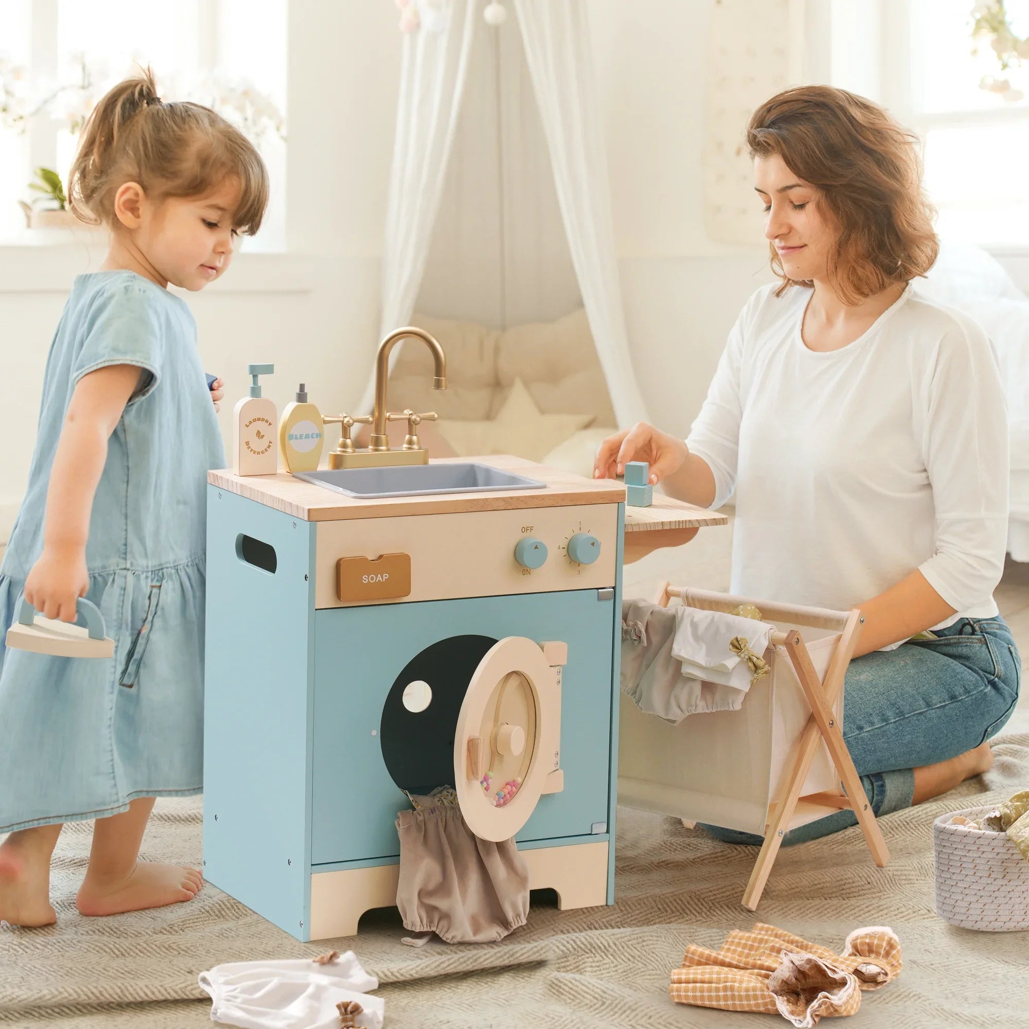 Robotime Robud - 3-in-1 Wooden Kitchen & Appliances Set (Oven, Fridge, Washing Machine) - Premium Blue Pretend Play Toy