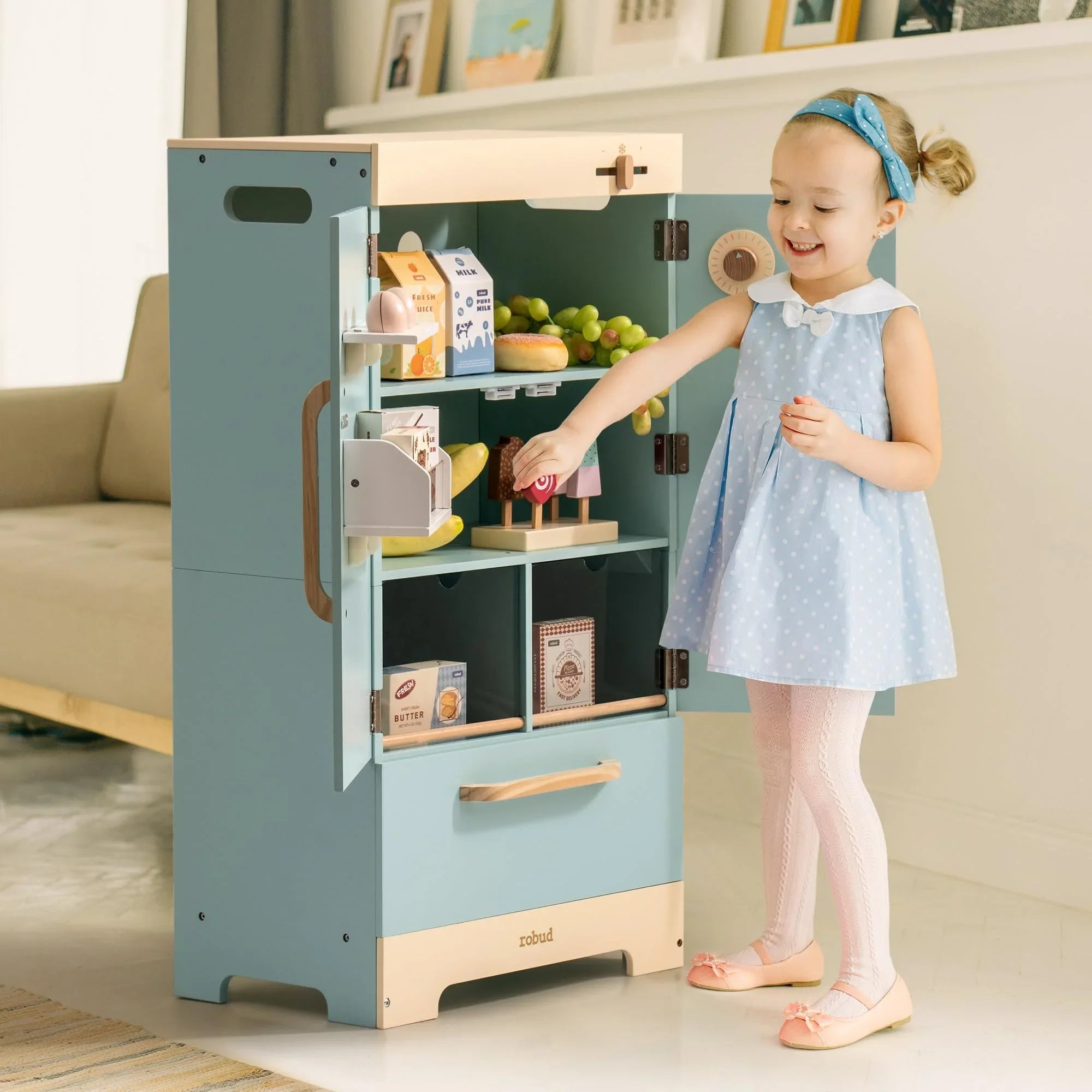 Robotime Robud - 3-in-1 Wooden Kitchen & Appliances Set (Oven, Fridge, Washing Machine) - Premium Blue Pretend Play Toy