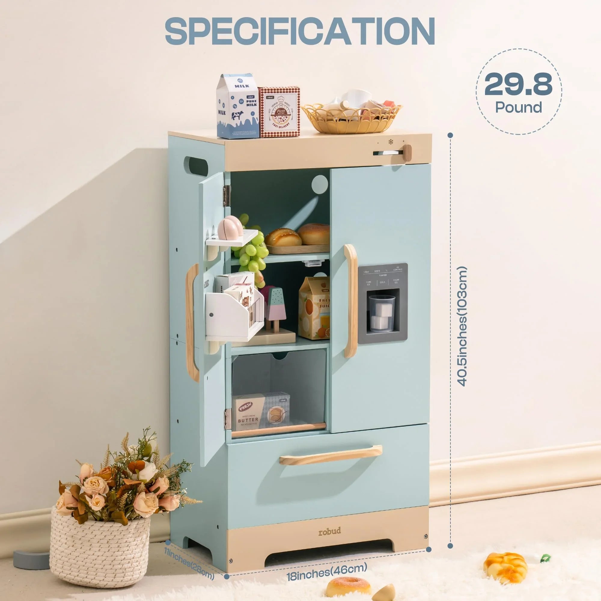 Robotime Robud - Ensemble de Cuisine & Électroménagers en Bois 3-en-1 (Four, Frigo, Lave-Linge) - Jouet d'Imitation Premium Bleu